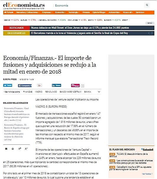 El importe de fusiones y adquisiciones se redujo a la mitad en enero de 2018